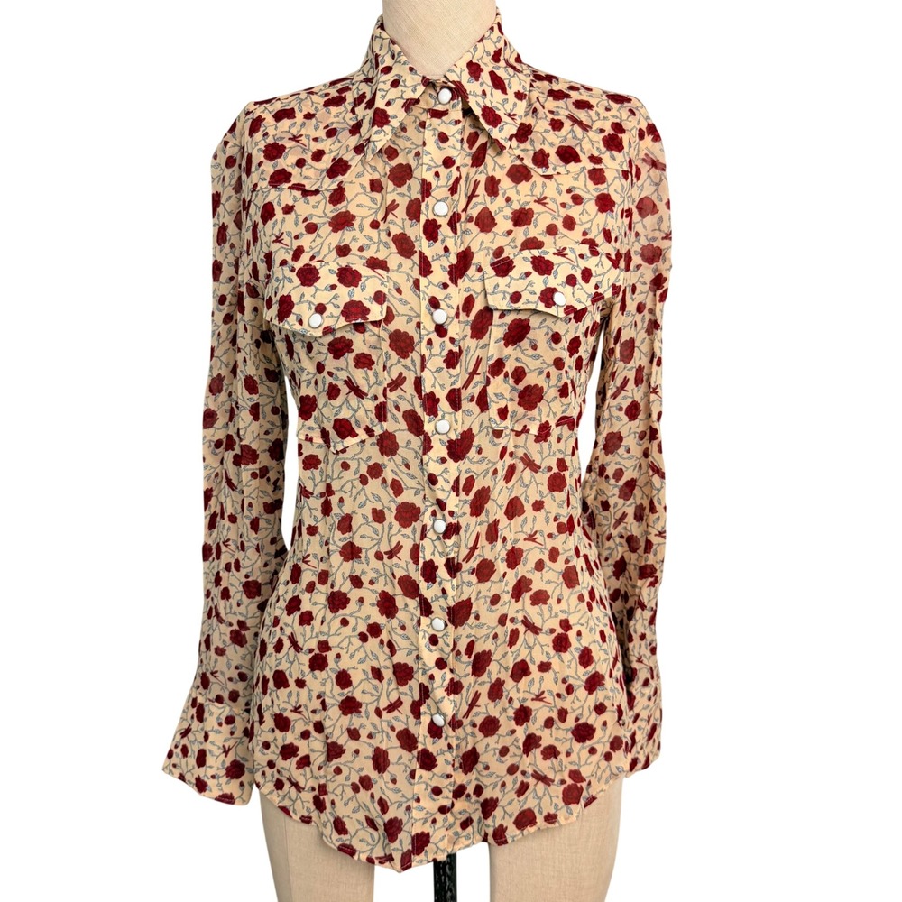 Rag & Bone Rose Floral Vine Print Snap Front Blouse Cream Red XS Western